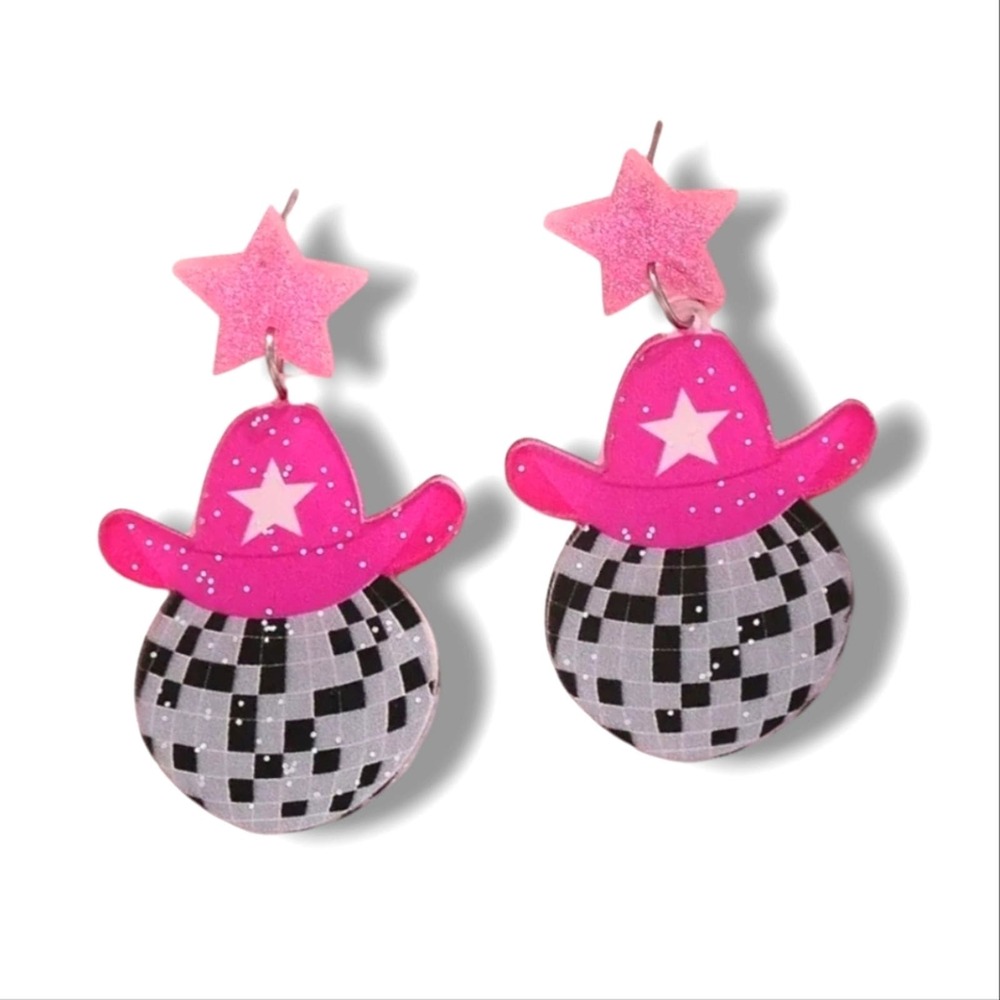 Boutique Discoball Western Cowgirl Pink Dangle Acrylic Party Earrings